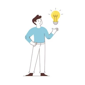 Man points a light bulb. Isolated on white background. New, creative or イラスト素材