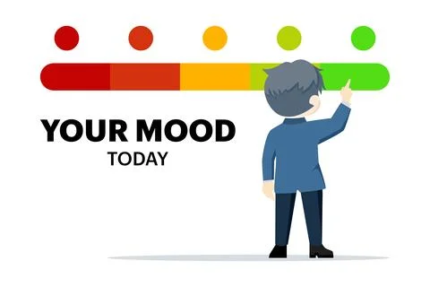 A man points to a mood icon in green as a happy symbol. Stock Illustration