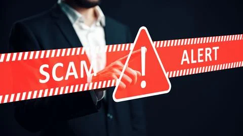 Man points at a scam alert sign showing danger of fraudulent messages Stock Photos