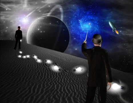 Man points toward galaxy in science fiction scene Illustrazione stock