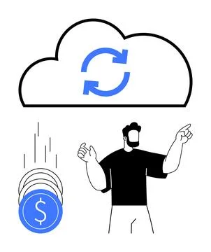 Man points towards cloud with sync icon and stack of falling coins represen.. Stock Illustration
