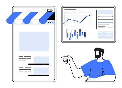 Man points towards digital device with business interface and analytic dashbo Stock Illustration