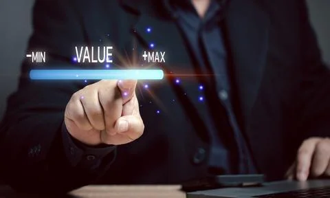 Man points at value bar on virtual screen. Value concept. Measuring the suc.. Stock Photos