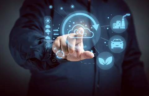 Man points at virtual screen with Carbon Zero image critical weather condit.. Stock Photos