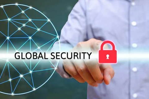 Man pointting security lock icon, world wide web with lines connecting dots.. Stock Photos