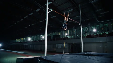 Man Pole Vault Jump Over Bar Stock Footage 160797997