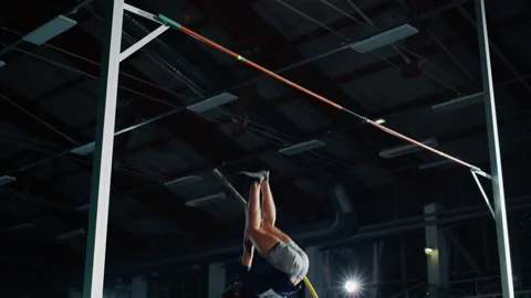 Man Pole Vault Jump Over Bar Stock Footage 160798846