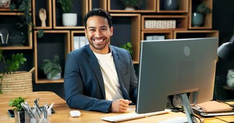 Man, portrait and happy at computer for business, company representative an.. Stock Photos