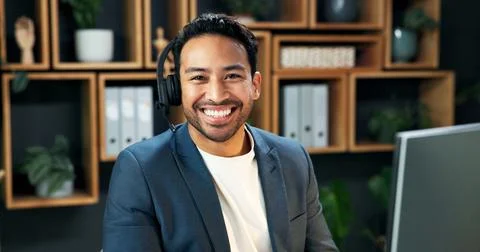 Man, portrait and headset at computer for business, company representative .. Stock Photos