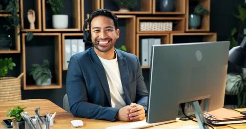 Man, portrait and headset at computer for finance, company representative o.. Stock Photos
