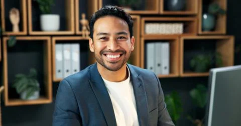 Man, portrait and smile at computer for business, company representative an.. Stock Photos