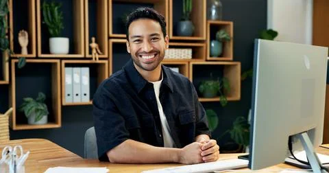 Man, portrait and smile at computer for finance, company representative and.. Stock Photos