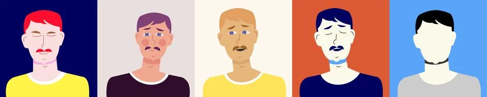 Man portrait with mustache. Colored pack of various sets and silhouette. Avatar. イラスト素材