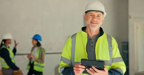 Man, portrait or engineer at worksite with tablet, project management or di.. Stock Photos