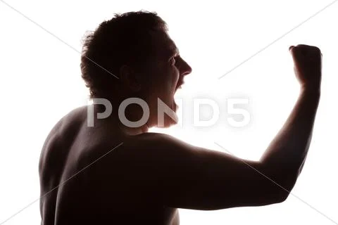 Man portrait silhouette profile screaming angry in studio isolated white back Stock Photos