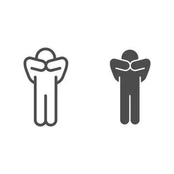 Man pose with hands on face line and solid icon. Person thinking with both hand Stock Illustration