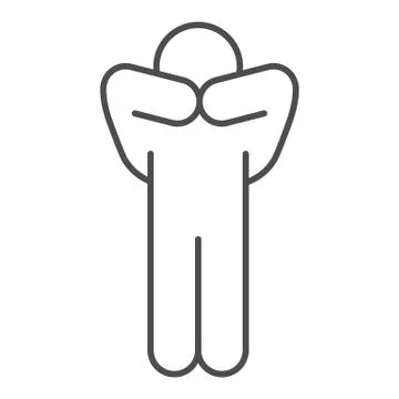 Man pose with hands on face thin line icon. Person thinking with both hand on Stock Illustration