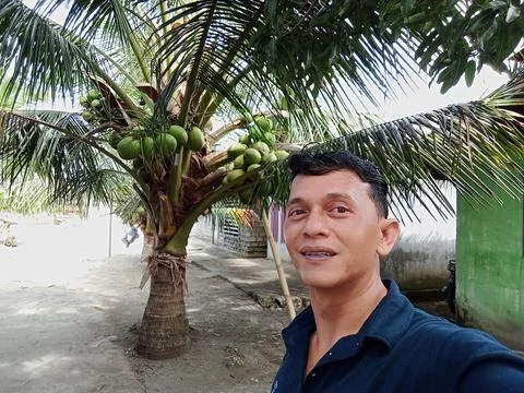 A man posing at the most sort coconut tree at Maluku Stock Photos
