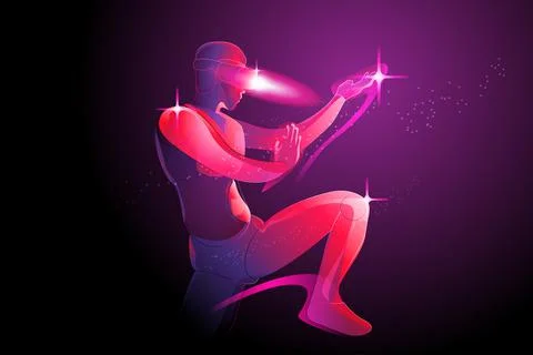 The man posing prepare to fight, by wearing virtual reality machine (VR), ima Stock Illustration