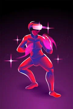 The man posing prepare to fight, by wearing virtual reality machine (VR), ima Stock Illustration