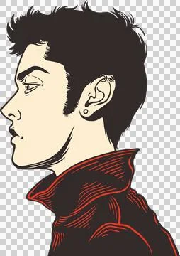 Man is posing profile in vector wearing ear piercings and red accent jacket, イラスト素材