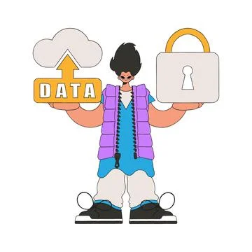 .Man possessing cloud storage and secured with padlock. Stock Illustration