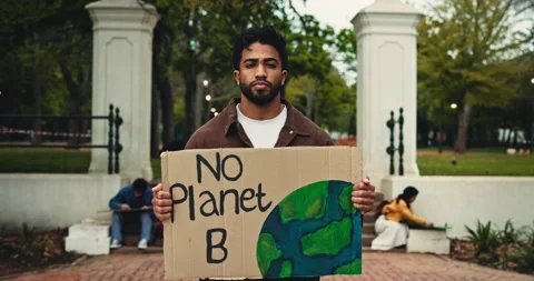 Man, poster and face for protest at university, save earth and climate change Stock Footage 318743992