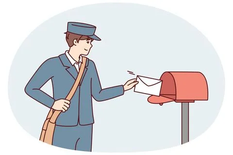 Man in postman uniform throws paper letter into metal mailbox located on s... Stock Photos