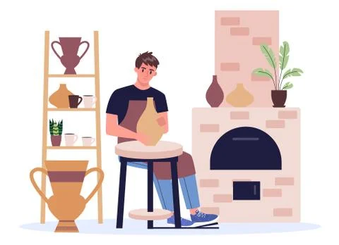 Man potter in apron making ceramic bowl and pot. Craftsman Stock Illustration