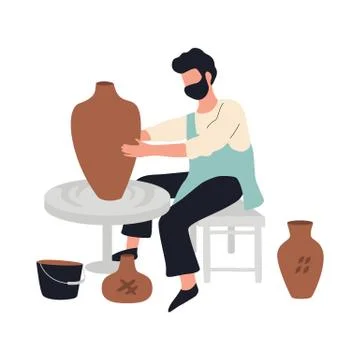 Man potter making ceramic bowl and pot. Craftsman Stock Illustration