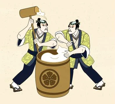 Man pounding mochi in Ukiyo-e style Stock Illustration