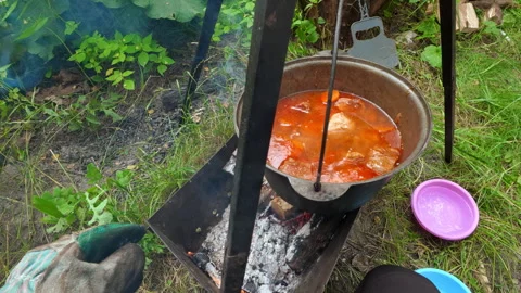 Man pouring water into campfire cauldron for outdoor cooking and picnic lif.. Video stock 346146639
