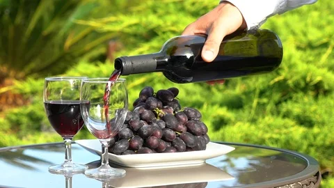 A man pours red wine from a bottle into a glass Stock Footage 111922729