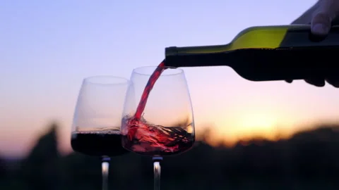 A man pours red wine into glasses after sunset Stock Footage 219611211