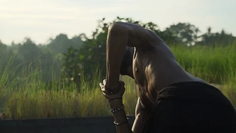 Man practice bikram yoga pose at roof top solar battery rapid slow motion Video stock 89728418