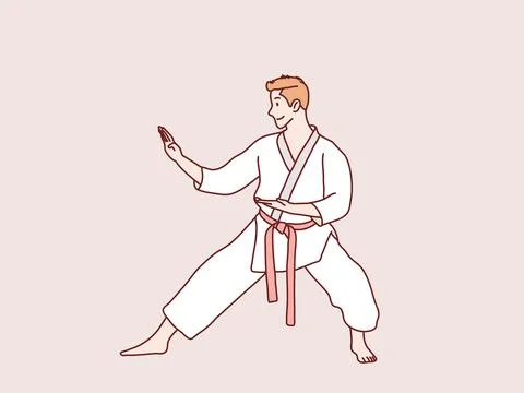 Man practice karate red belt stance ready to training simple korean style 스톡 일러스트