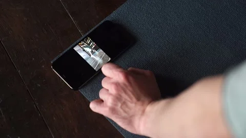 Man Practice Online Yoga  Close Up of Hands Swiping the Video Stock Footage 152568705