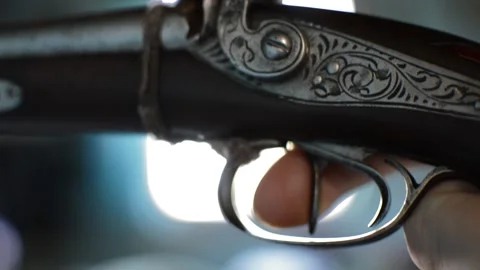 Man practice shooting with old fashioned handgun. Video stock 234989163
