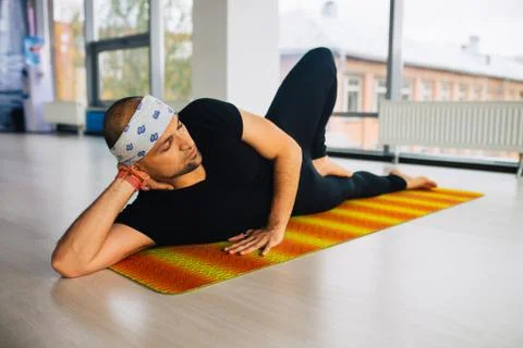 Man Practice Yoga in different Poses, Sport and Training Concept Stock Photos