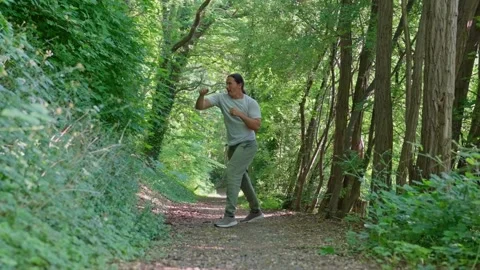 A man practices various martial arts techniques while walking along a peaceful Stock Footage 313629444