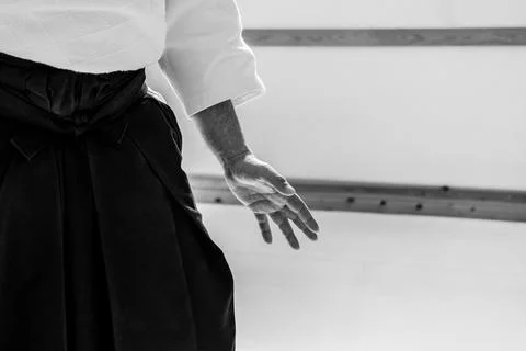 Man practicing aikido in a dojo background. Stock Photos