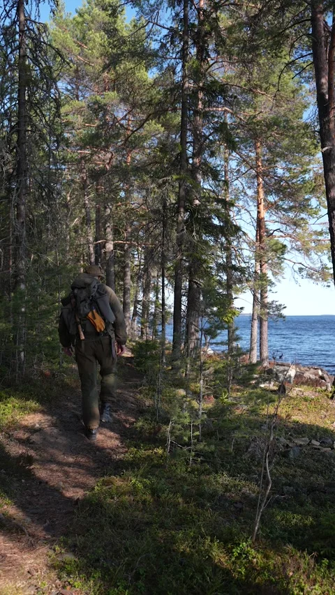 A man practicing bushcraft with a loaded backpack is walking along a trail in a Video stock 308292017
