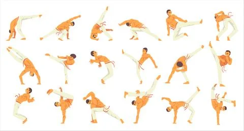 Man practicing capoeira movement set. Young man doing different combat elements Illustrazione stock