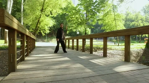 Man practicing elements of tai chi. A man rotating steel swords around a body 4K Vidéo 65254797