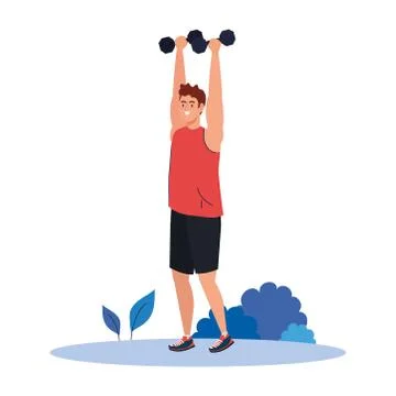 Man practicing exercises with dumbbells outdoor, recreation exercise Stock Illustration
