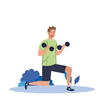 Man practicing exercises with dumbbells outdoor, exercise sport recreation Stock Illustration