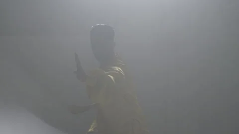 Man practicing his sword fighting martial arts moves Stock Footage 279840530