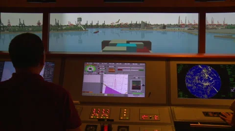 A man is practicing on the maneuvering simulator. Port of Kaohsiung, Taiwan. Stock Footage 66446354