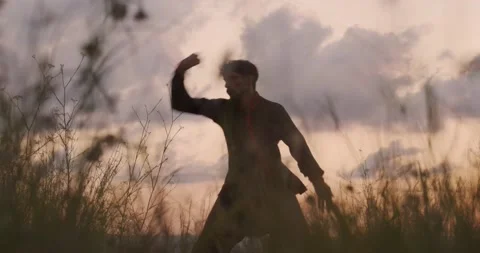 Man practicing martial arts among the vegetation Stock Footage 136028185