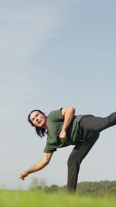 A man practicing various forms of martial arts amidst the beautiful nature Stock Footage 302655178